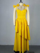 Bow-Tie Sling V-Neck Ruffled Maxi Dress GANY-LB484