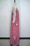 Lace Patchwork V Neck Stripe Maxi Dress GANY-LB1329