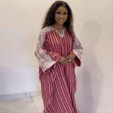 Lace Patchwork V Neck Stripe Maxi Dress GANY-LB1329