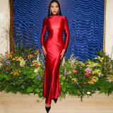 Ruched Long Sleeve Solid Color Maxi Dress XEF-K25D85352