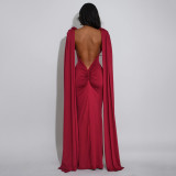 Solid Color Ruched Backless Maxi Dress YF-10944