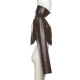 High-Neck Solid Color Short Zipper PU Leather Jacket XEF-K25C84468