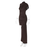 O Neck Solid Color Ruched Irregular Mini Dress BLG-D5218432K