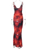 V Neck Print Sling Vest Long Skirt Two Piece Set BLG-S4416112K