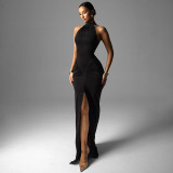 Sleeveless Solid Color Ruched Split Maxi Dress GSBW-Q25DS104