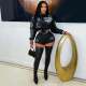 Letter Print PU Leather Coat Short 2 Piece Set YNSF-8018