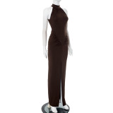 Sleeveless Solid Color Ruched Split Maxi Dress GSBW-Q25DS104