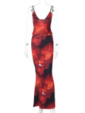 V Neck Print Sling Vest Long Skirt Two Piece Set BLG-S4416112K