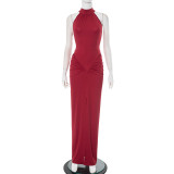 Sleeveless Solid Color Ruched Split Maxi Dress GSBW-Q25DS104