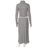 Plaid Print Long Sleeve Tops Two Piece Skirts Set GLAG-S5920249G