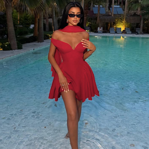 Solid Color V Neck Mini Puffy Dress GLAG-D5819932F