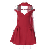 Solid Color V Neck Mini Puffy Dress GLAG-D5819932F