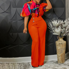 Plus Size Print Short Sleeve Shirt Wide Leg Pants 2 Piece Set GATE-D341