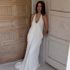 Halterneck V Neck Ruched Mesh Maxi Dress GLAG-D5819940F