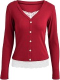 Fashion Lace Splice Long Sleeve Tops GYOU-CX1031