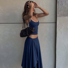 Solid Color Sling Top Irregular Long Skirt 2 Piece Set GLAG-S5A20528F
