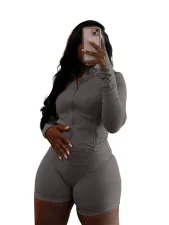 Solid Color Zipper Skinny Two Piece Shorts Set GYJY-XY0111