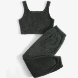Solid Color Plush Tank Tops Two Piece Pants Set GXHF-X08292163