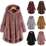 Plus Size Button-Up Hooded Plush Solid-Color Jacket GXHF-885236