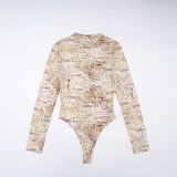 Letter Print Mesh Bodysuit Skinny Two Piece Pants Set GDSF-D25ST474