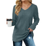Solid Color V-neck knitted Long Sleeve Top GYOU-CX803
