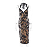 Leopard Print Halterneck Split Maxi Dress GLAG-D5A20356H
