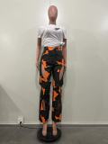 Camouflage Print Holes Cross Straight Pants OD-8600