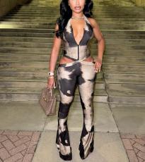 Print Halterneck Tie Up Jumpsuit GXHF-M80915