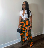 Camouflage Print Holes Cross Straight Pants OD-8600
