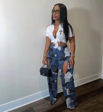Camouflage Print Holes Cross Straight Pants OD-8600