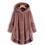 Plus Size Button-Up Hooded Plush Solid-Color Jacket GXHF-885236