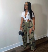 Camouflage Print Holes Cross Straight Pants OD-8600