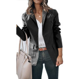 Plus Size Single-Breasted Solid Color PU Leather Long Sleeve Top GYOU-CX20708
