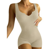 Solid Color Casual Ribbed Slim Rompers GYOU-CX20408