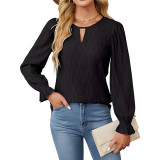Solid Color Round Neck Flare Sleeves Tops  GYOU-CX805