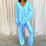 Plus Size Casual Solid Color V-Neck Long Sleeve Pants Two Piece Set GYOU-LF9090