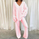 Plus Size Casual Solid Color V-Neck Long Sleeve Pants Two Piece Set GYOU-LF9090