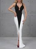 Contrast Color Patchwork Tie Backless Maxi Dress DLSF-K25D80703