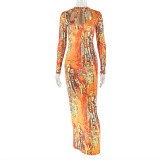Long Sleeve Print Hollow Out Maxi Dress GJYO-JD303559