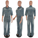 Fashion Half Sleeve Washed Denim Jumpsuit LX-8606
