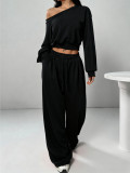 Solid Color Slash Shoulder Long Sleeve Pants Set YH-9021