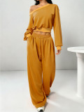 Solid Color Slash Shoulder Long Sleeve Pants Set YH-9021
