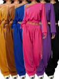 Solid Color Slash Shoulder Long Sleeve Pants Set YH-9021