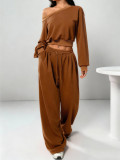 Solid Color Slash Shoulder Long Sleeve Pants Set YH-9021