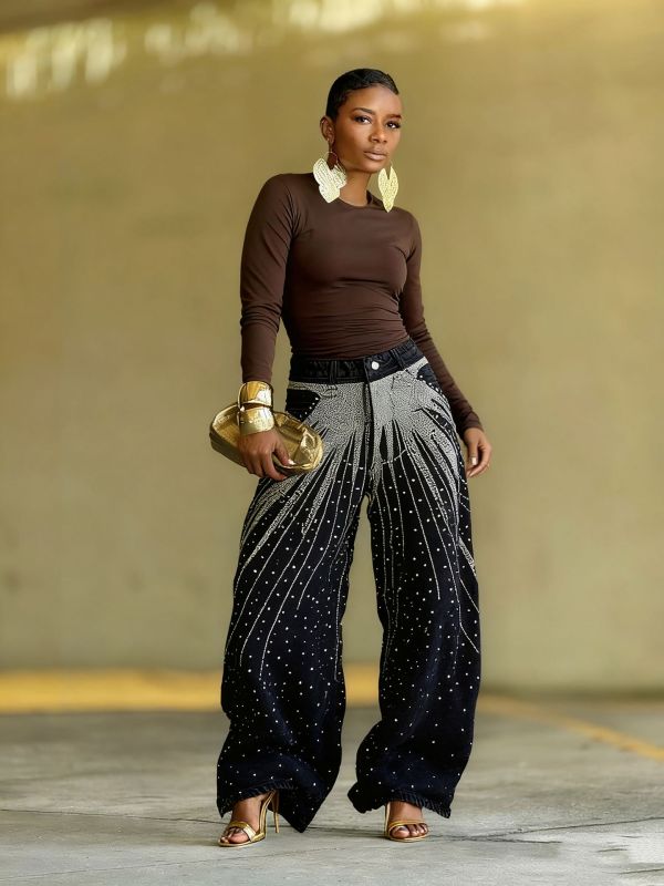 Washed Rhinestone Wide Leg Jeans GYLN-8406