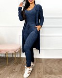 Plus Size Long Sleeve Solid Color Long Coat+Jumpsuit 2 Piece Set GJMF-97763