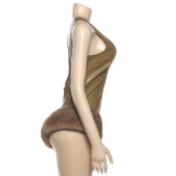 Sleeveless V Neck Plush Patchwork Bodysuit XEF-K25K83444