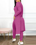 Plus Size Long Sleeve Solid Color Long Coat+Jumpsuit 2 Piece Set GJMF-97763