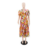 Print Short Sleeve Midi Dress GYLY-10992