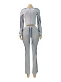 Stripe Patchwork Zipper Two Piece Pants Set CH-25067